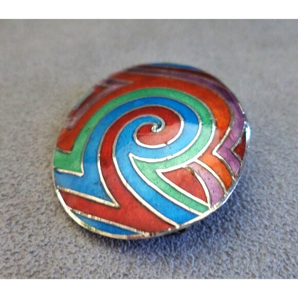 Vtg Wild RAINBOW Spiral ENAMEL +STERLING Silver BROOCH is PENDANT Blue Green Red - Picture 4 of 7
